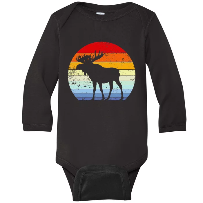 Retro Moose Sunset Vintage Silhouette Distressed Style Baby Long Sleeve Bodysuit