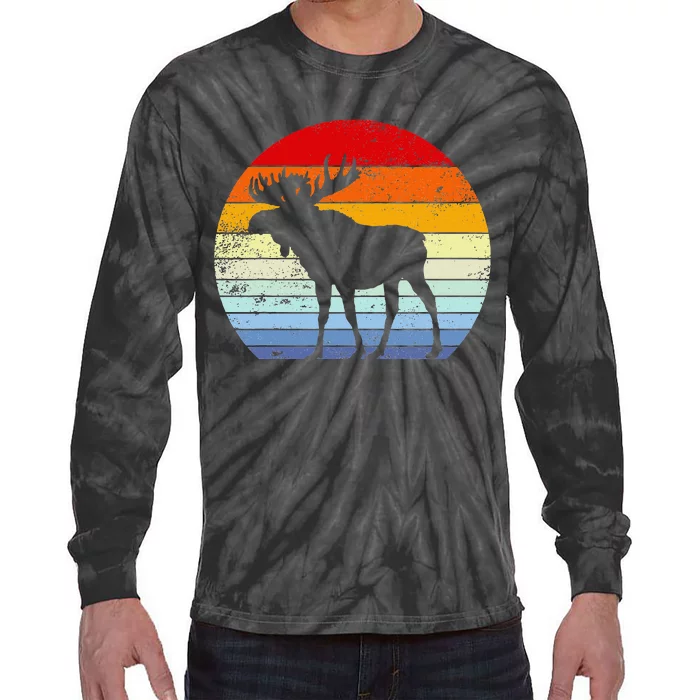 Retro Moose Sunset Vintage Silhouette Distressed Style Tie-Dye Long Sleeve Shirt