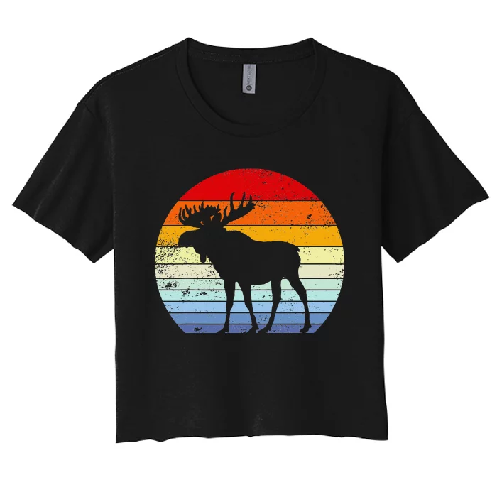 Retro Moose Sunset Vintage Silhouette Distressed Style Women's Crop Top Tee