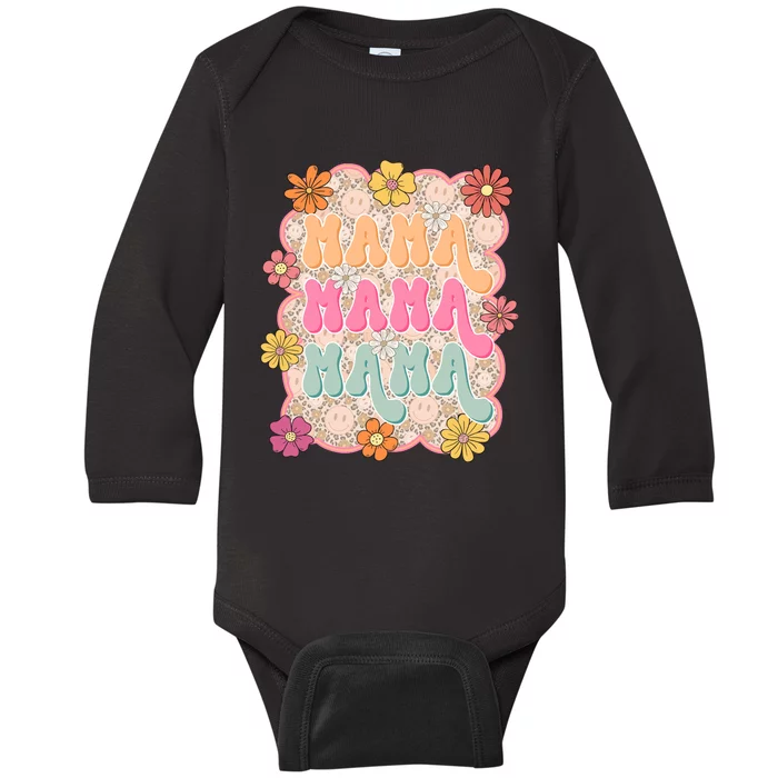 Retro Mama Smiley Face Leopard Mom Baby Long Sleeve Bodysuit