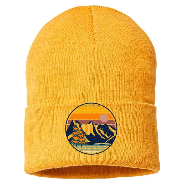 Retro Mountain Sunset Nature Sustainable Knit Beanie