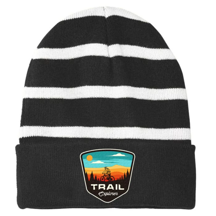 Retro MTB Trail Mountain Bike Biking Cycling Enthusiast Idea Striped Beanie with Solid Band