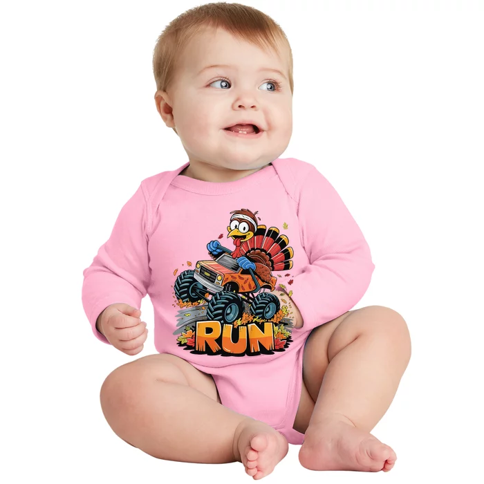 Run Monster Truck Turkey Thanksgiving Funny Turkey Baby Long Sleeve Bodysuit