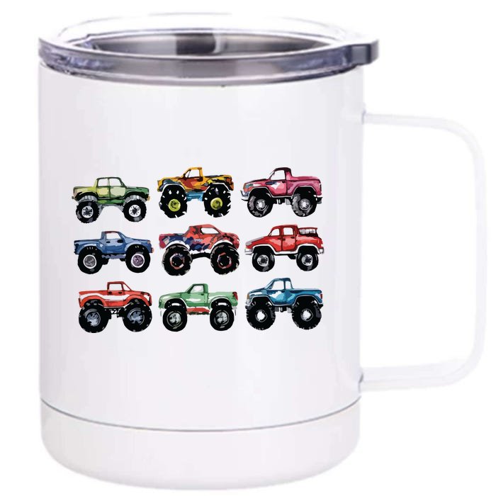 Retro Monster Trucks In A Row Big Trucks Front & Back 12oz Stainless Steel Tumbler Cup