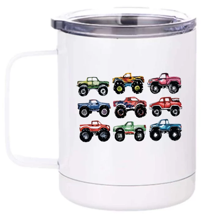 Retro Monster Trucks In A Row Big Trucks Front & Back 12oz Stainless Steel Tumbler Cup