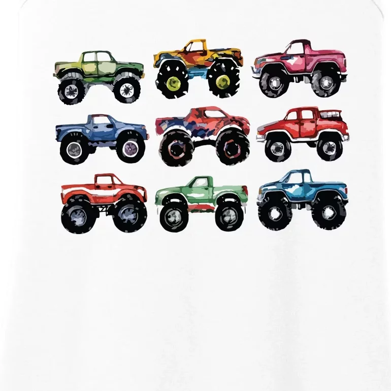 Retro Monster Trucks In A Row Big Trucks Ladies Essential Tank