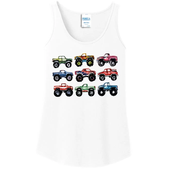 Retro Monster Trucks In A Row Big Trucks Ladies Essential Tank