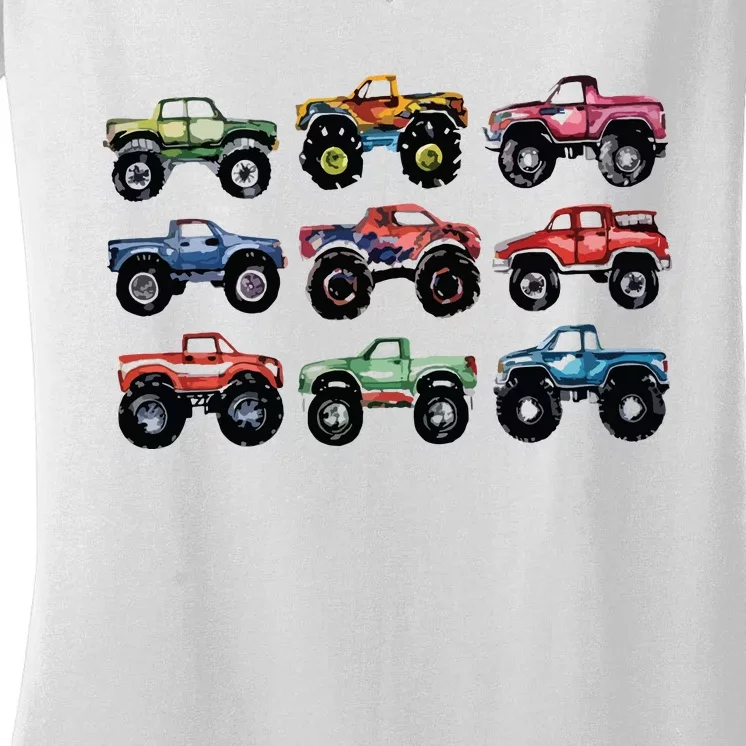 Retro Monster Trucks In A Row Big Trucks Women's V-Neck T-Shirt