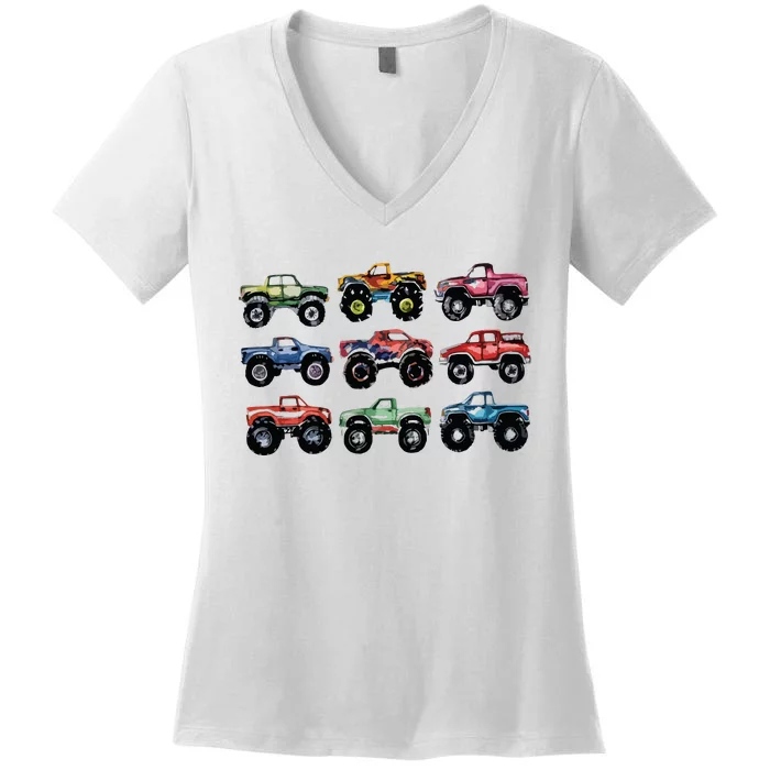 Retro Monster Trucks In A Row Big Trucks Women's V-Neck T-Shirt