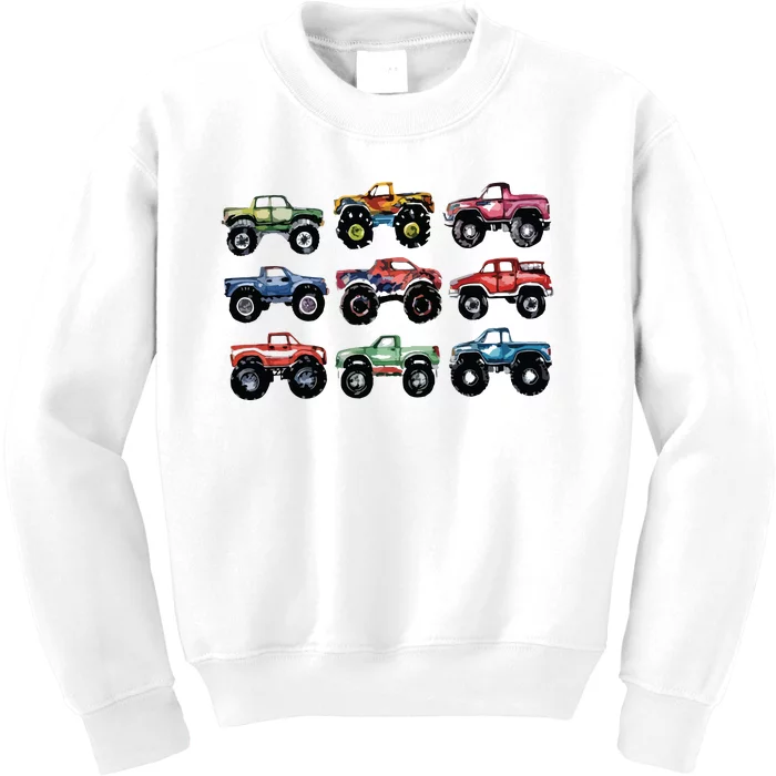 Retro Monster Trucks In A Row Big Trucks Kids Sweatshirt