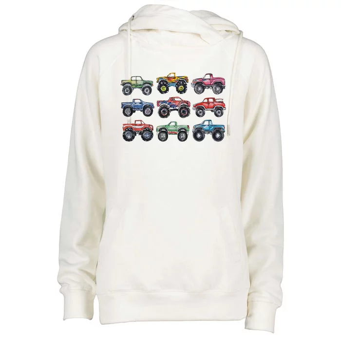 Retro Monster Trucks In A Row Womens Funnel Neck Pullover Hood