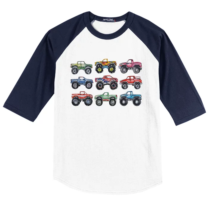 Retro Monster Trucks In A Row Baseball Sleeve Shirt