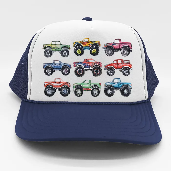 Retro Monster Trucks In A Row Trucker Hat