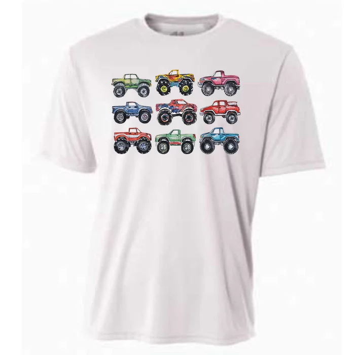 Retro Monster Trucks In A Row Cooling Performance Crew T-Shirt