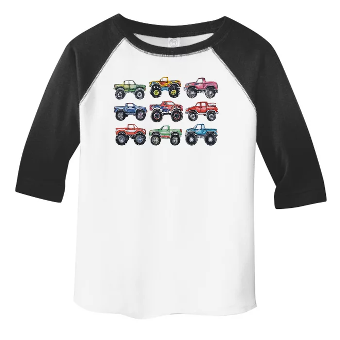 Retro Monster Trucks In A Row Toddler Fine Jersey T-Shirt