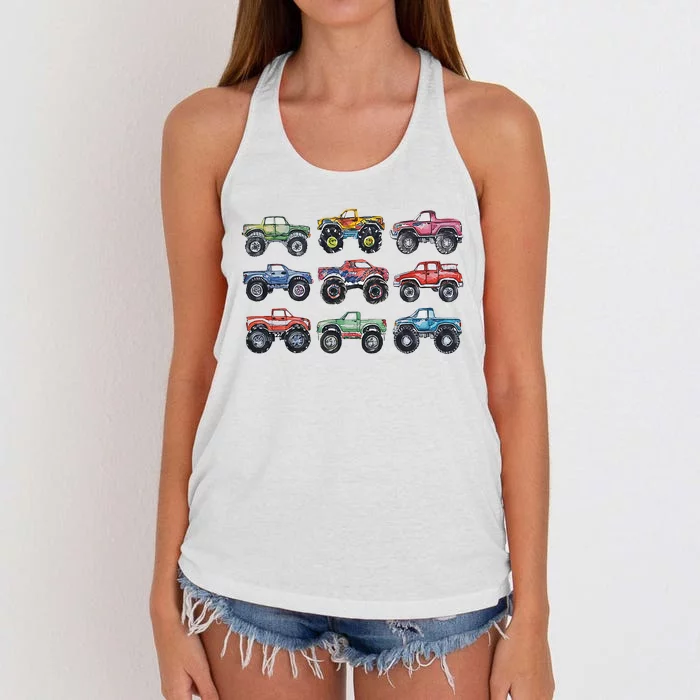 Retro Monster Trucks In A Row Women's Knotted Racerback Tank