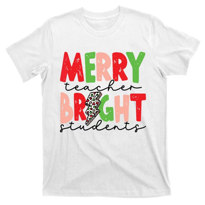 Retro Merry Teacher Bright Students Funny Christmas Teacher T-Shirt