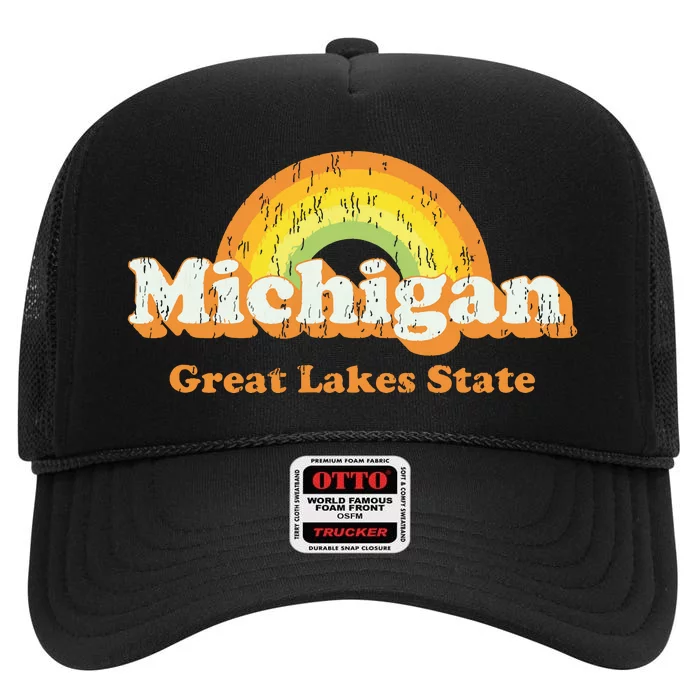 Retro Michigan T Vintage 70s Rainbow Design High Crown Mesh Trucker Hat