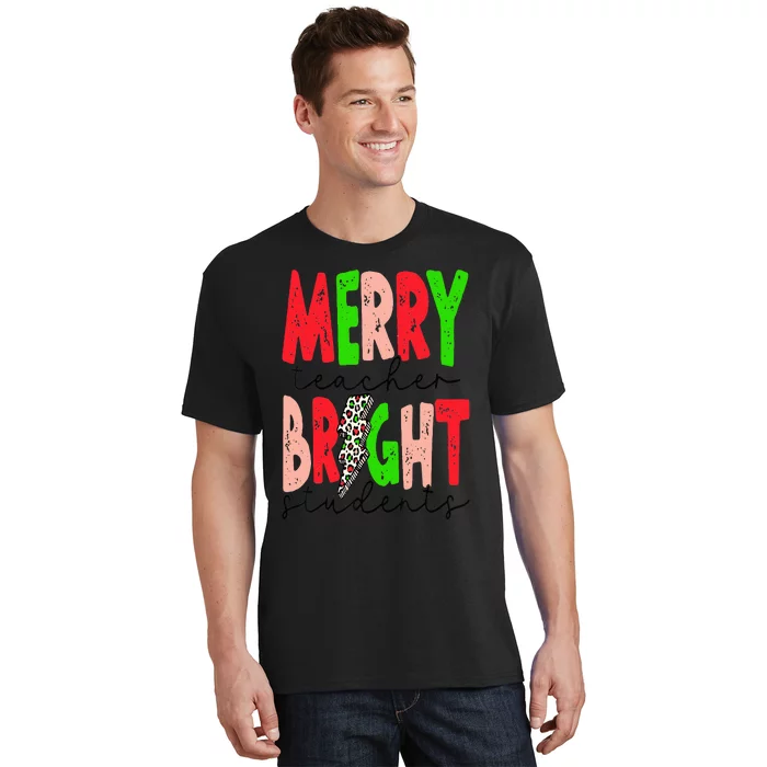 Retro Merry Teacher Bright Students Funny Christmas Teacher T-Shirt