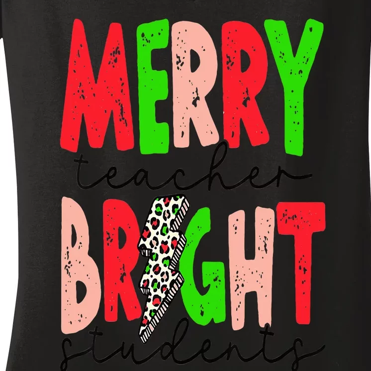 Retro Merry Teacher Bright Students Funny Christmas Teacher Women's V-Neck T-Shirt