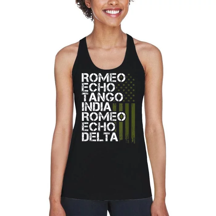 RETIRED Military  Wo Phonetic Alphabet Retirement Women's Racerback Tank