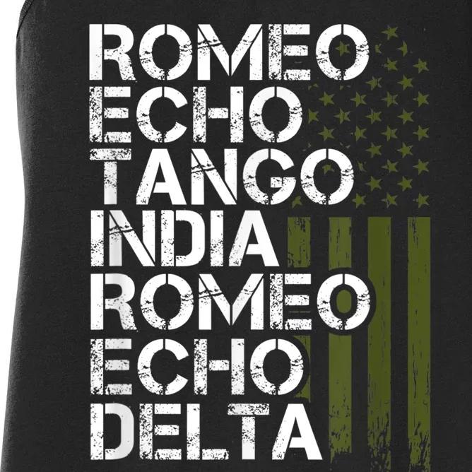 RETIRED Military  Wo Phonetic Alphabet Retirement Women's Racerback Tank