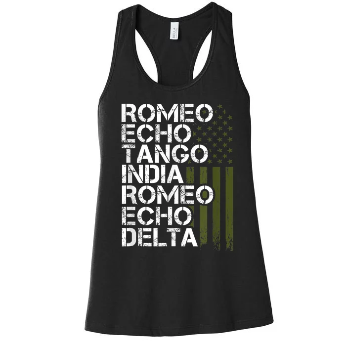 RETIRED Military  Wo Phonetic Alphabet Retirement Women's Racerback Tank