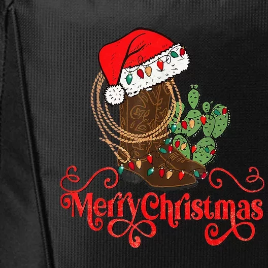 Retro Merry Xmas Santa Hat Cowboy Boots Western Christmas City Backpack