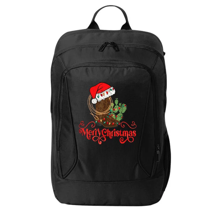 Retro Merry Xmas Santa Hat Cowboy Boots Western Christmas City Backpack