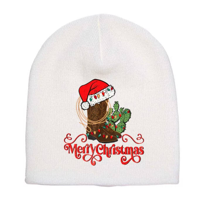 Retro Merry Xmas Santa Hat Cowboy Boots Western Christmas Short Acrylic Beanie