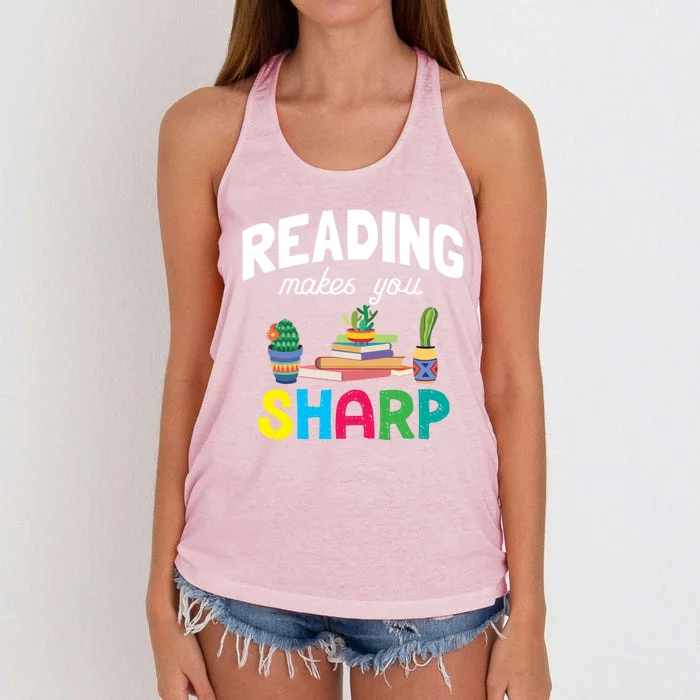 Reading Makes You Sharp Bookish Book Reader Read A Book Day Cute Gift Women's Knotted Racerback Tank