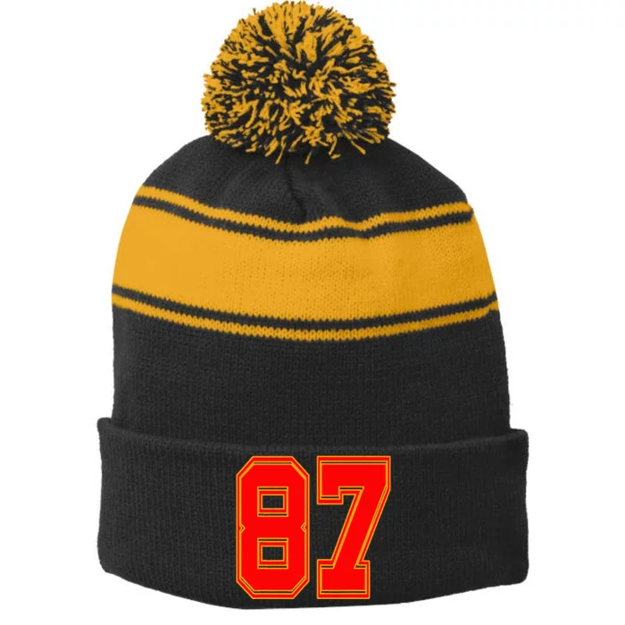 Red Number 87 White Yellow Football Basketball Soccer Fans Stripe Pom Pom Beanie