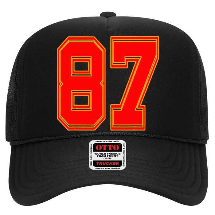 Red Number 87 White Yellow Football Basketball Soccer Fans High Crown Mesh Trucker Hat