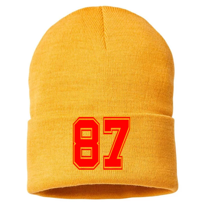 Red Number 87 White Yellow Football Basketball Soccer Fans Sustainable Knit Beanie