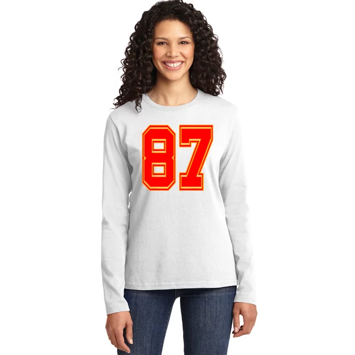 Red Number 87 White Yellow Football Basketball Soccer Fans Ladies Long Sleeve Shirt