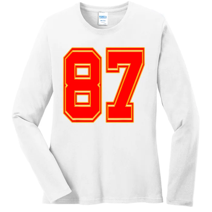 Red Number 87 White Yellow Football Basketball Soccer Fans Ladies Long Sleeve Shirt