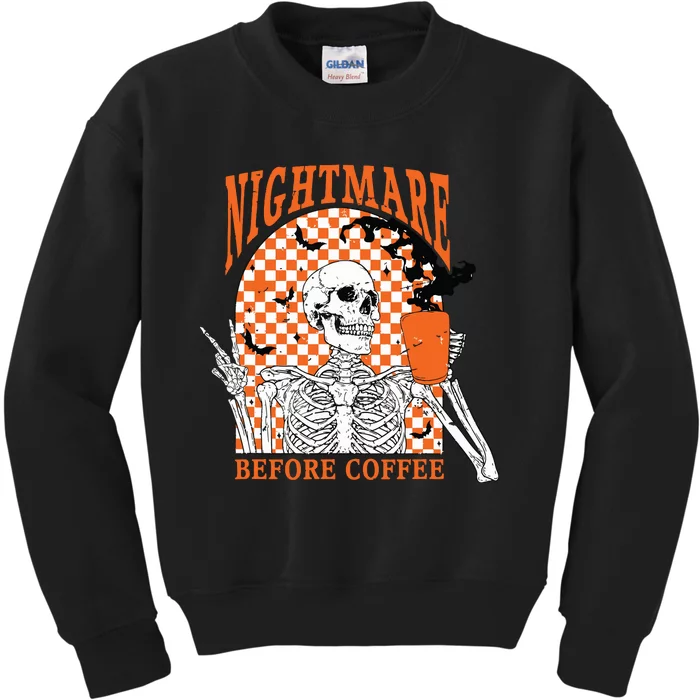 Retro Nightmare Before Coffee Skeleton Skull Halloween Kids Sweatshirt