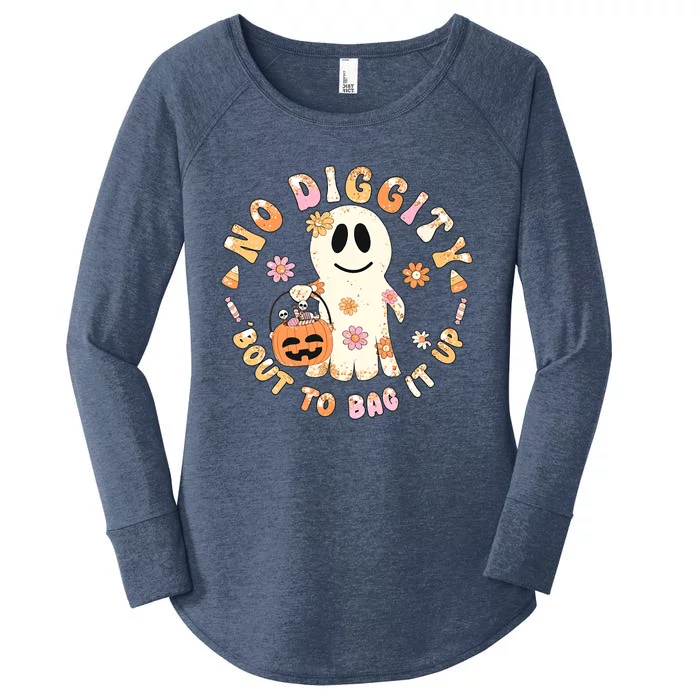 Retro No Diggity Bout To Bag It Up Cute Ghost Halloween Women's Perfect Tri Tunic Long Sleeve Shirt