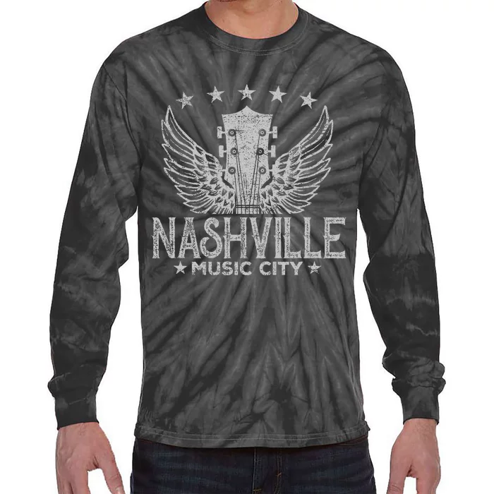 Retro Nashville Guitar Wings Vintage Country Music Concert Tie-Dye Long Sleeve Shirt