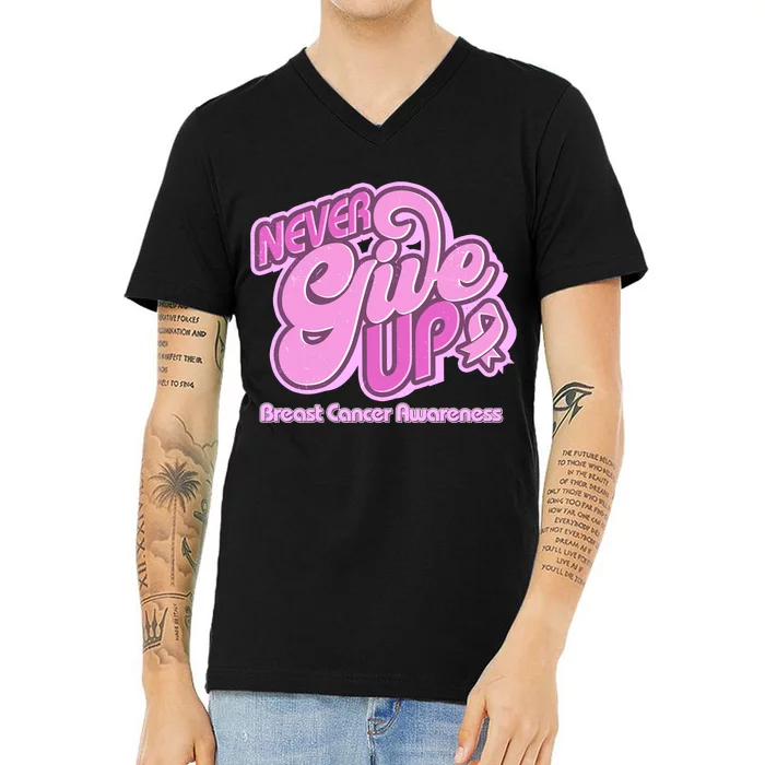 Retro Never Give Up Breast Cancer Awareness V-Neck T-Shirt