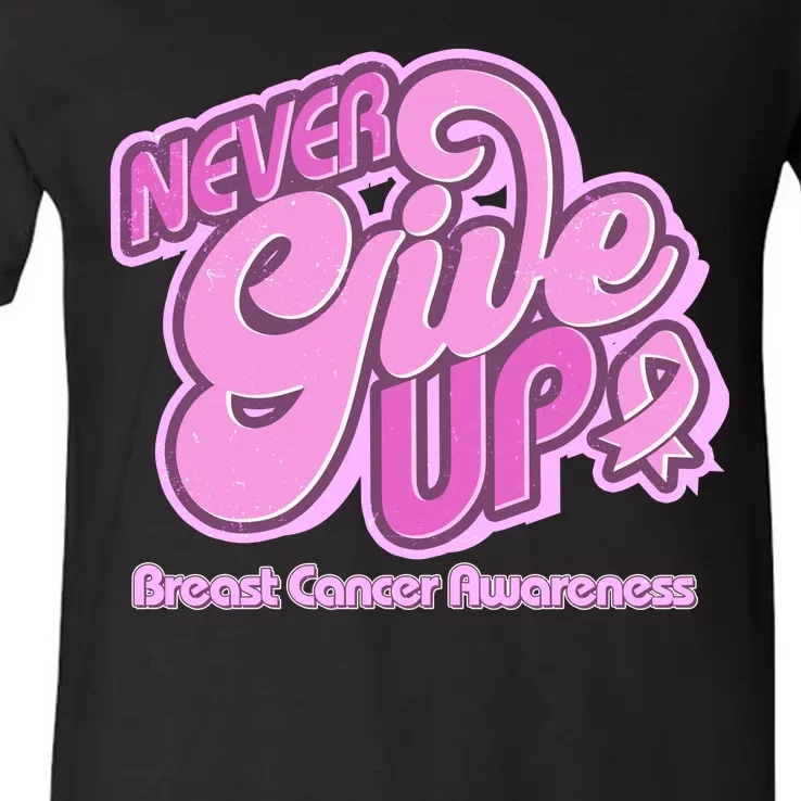 Retro Never Give Up Breast Cancer Awareness V-Neck T-Shirt