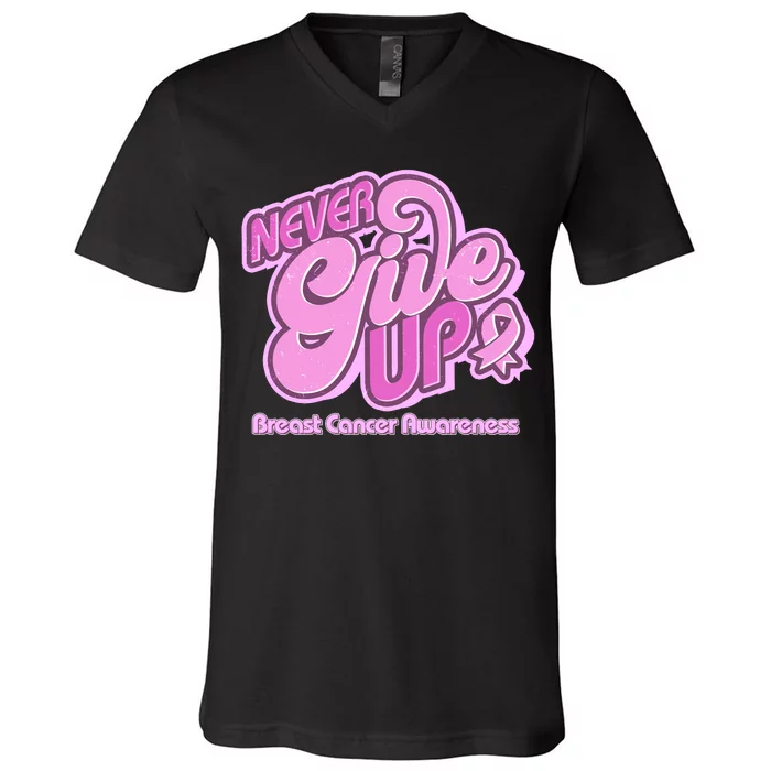 Retro Never Give Up Breast Cancer Awareness V-Neck T-Shirt