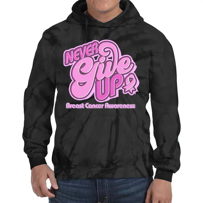 Retro Never Give Up Breast Cancer Awareness Tie Dye Hoodie