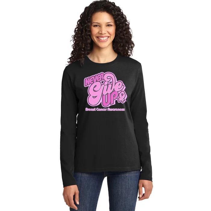 Retro Never Give Up Breast Cancer Awareness Ladies Long Sleeve Shirt