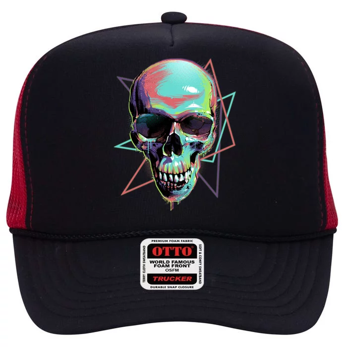 Retro Neon Graffiti Paint Skull High Crown Mesh Trucker Hat