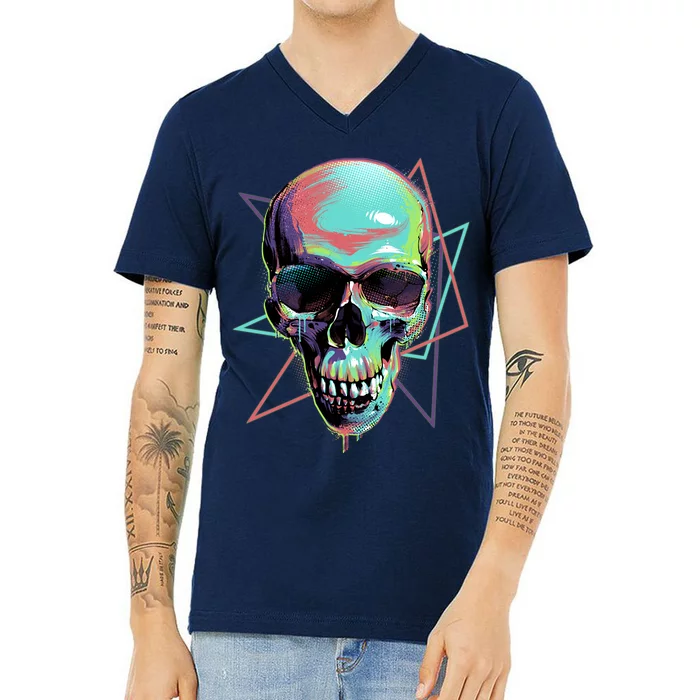 Retro Neon Graffiti Paint Skull V-Neck T-Shirt