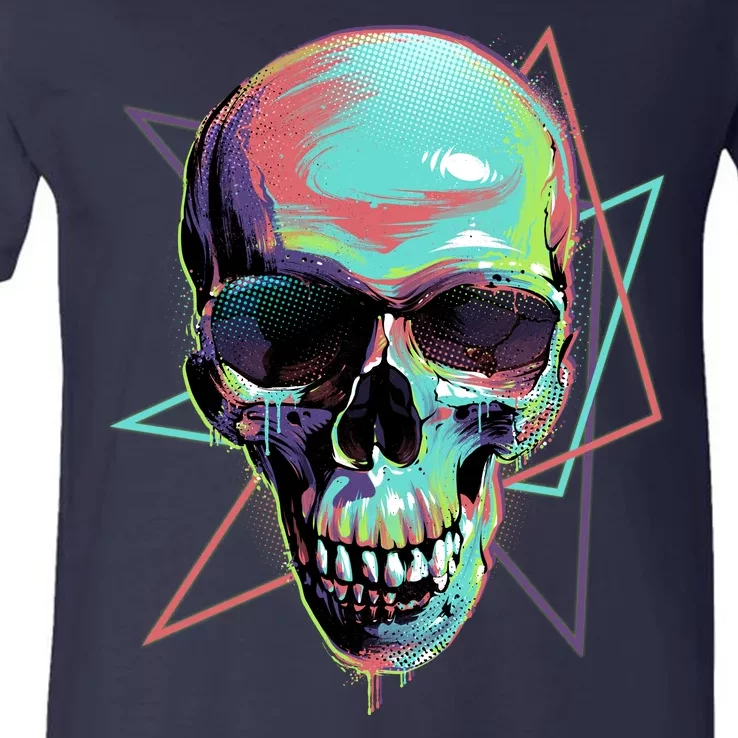 Retro Neon Graffiti Paint Skull V-Neck T-Shirt