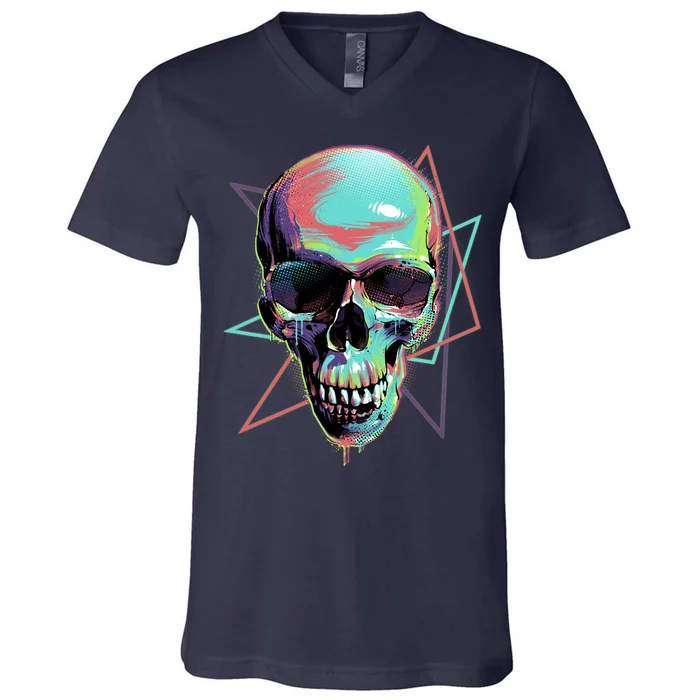 Retro Neon Graffiti Paint Skull V-Neck T-Shirt