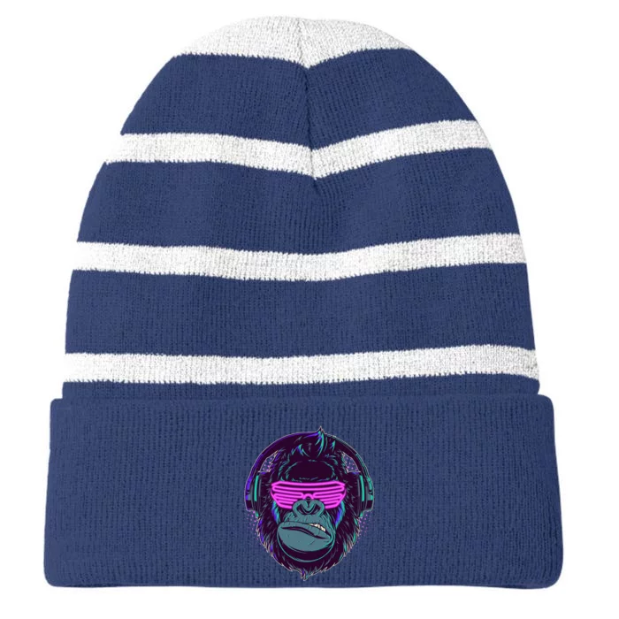 Retro Neon Hipster Gorilla Ape Striped Beanie with Solid Band