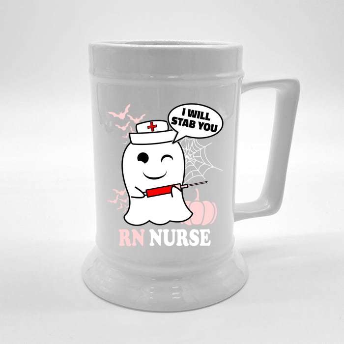 Rn Nurse Halloween I Will Stab You Funny Ghost Gift Front & Back Beer Stein